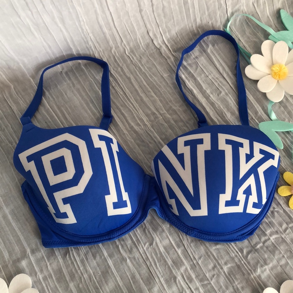 VICTORIAS SECRET PINK womans SZ 32D padded underwire bra blue white pink logo
